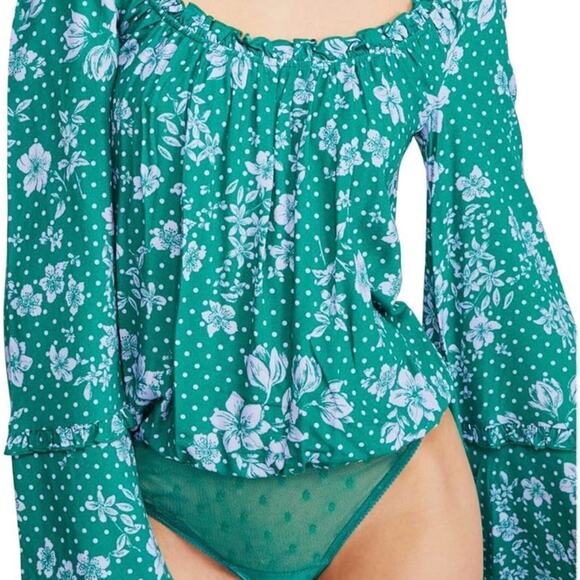 Free People Green One on One Date Long Sleeve Ruffle Scoop Neck Bodysuit Top S - Picture 2 of 12